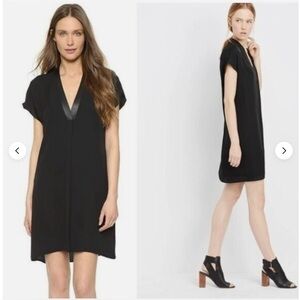 445$ Vince  Silk Tent Dress Black 
Leather Trim,V-Neck,Cap Sleeve Classic